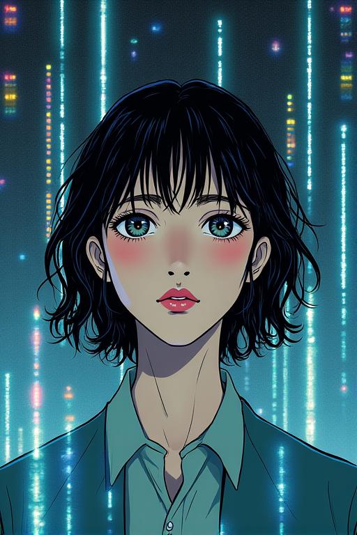 Cover des Mangas Seelen-Code, zeigt eine Frau vor leuchtenden Datenströmen.