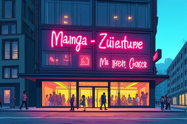 Eine bunte Illustration einer futuristischen Ladenfront in Zürich mit der Aufschrift 'Manga-Zukunft'.